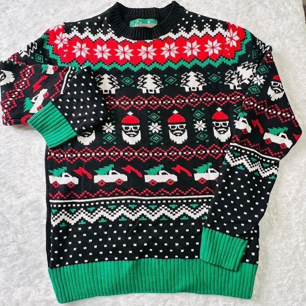 Ugly Christmas Sweater Womens Black Green Santa Car Tree Knit Sweater Small NWOT